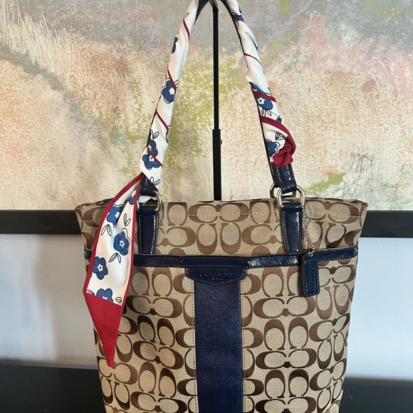 Coach Signature Canvas Tote Bag - Brown and Navy Blue - Picture 1 of 10